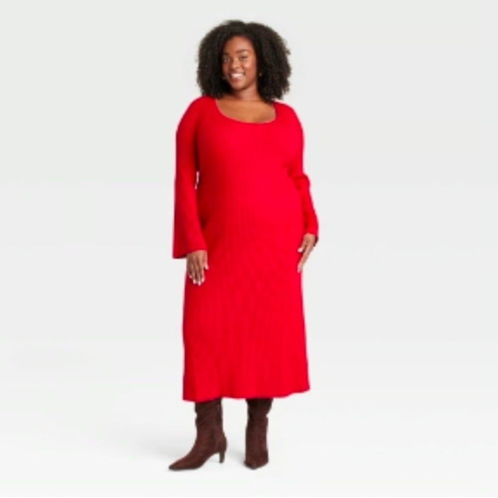 A New Day Womens Plus 3X Red Ribbed Knit Scoop‎ Neck Long Sleeve Sweater Dress
